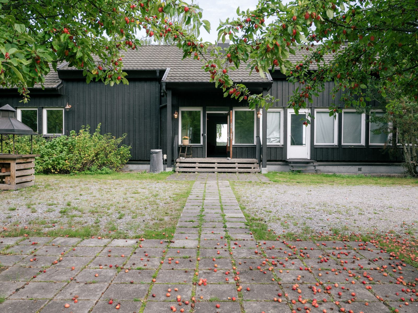Ett mörkt trähus bakom grenar med röda äpplen.